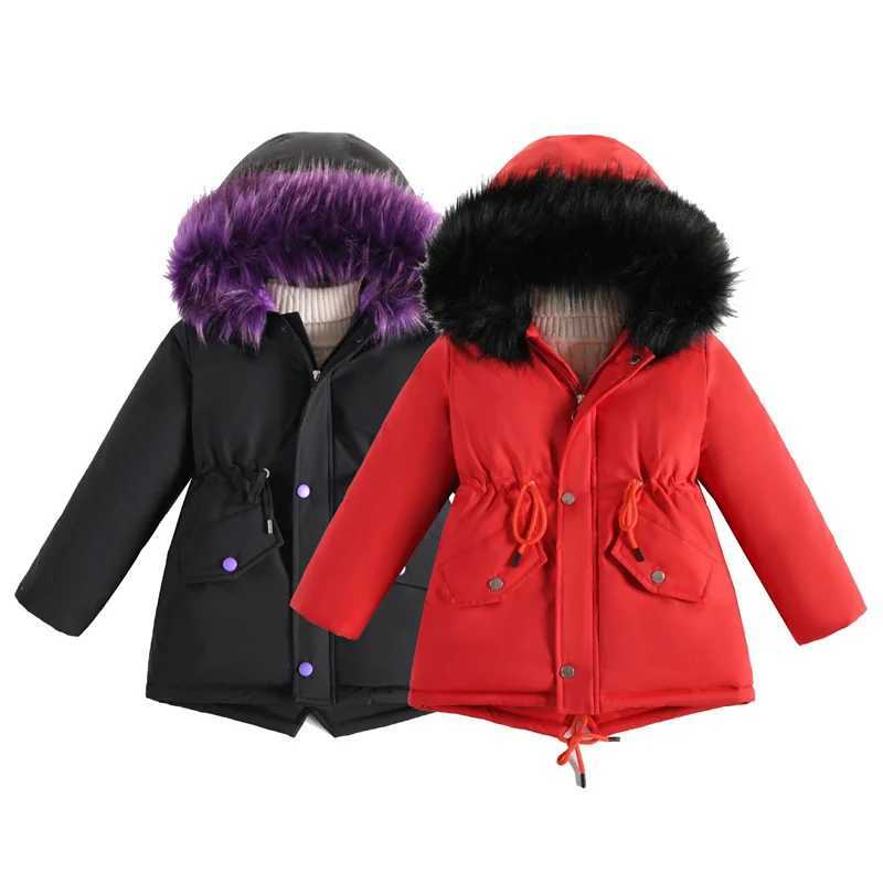 -20 Girls Thicken Coats Children Warm Fur Collar Hooded Jackets Teen Plus Velvet Outerwear Winter Kids Padded Windproof ParkasW251206