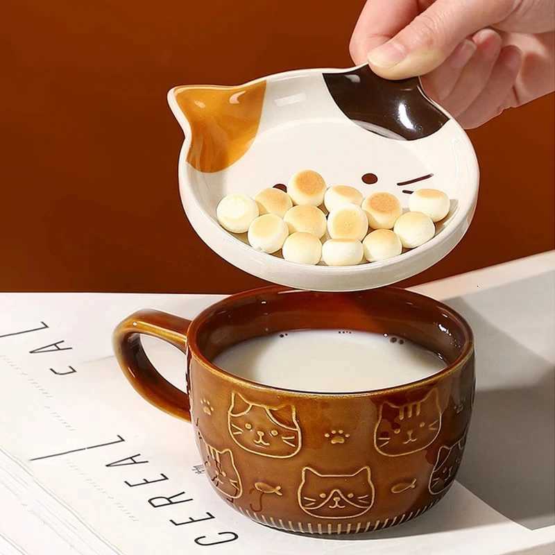 Japanese Cartoon Cat Coffee Mug With Animal Cat Pattern Lid Small Dish Cute Breakfast Cup Creative Coffee Cup Milk Cup Gift M251206 - view 5