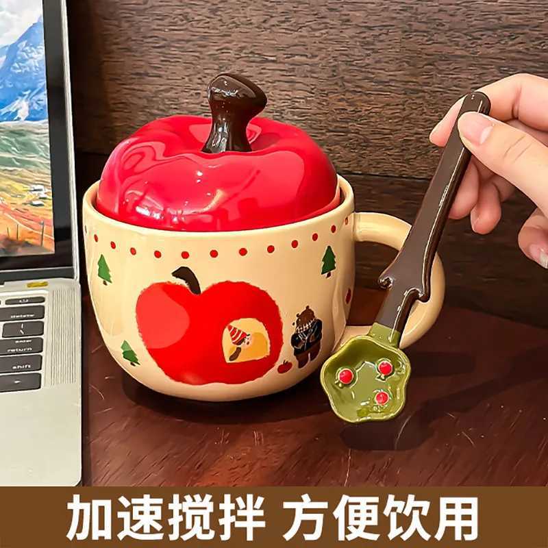 Cute Cartoon Apple Ceramic Mug with Lid Spoon Creative Coffee Milk Cup for Office Home Use M251206 - view 4