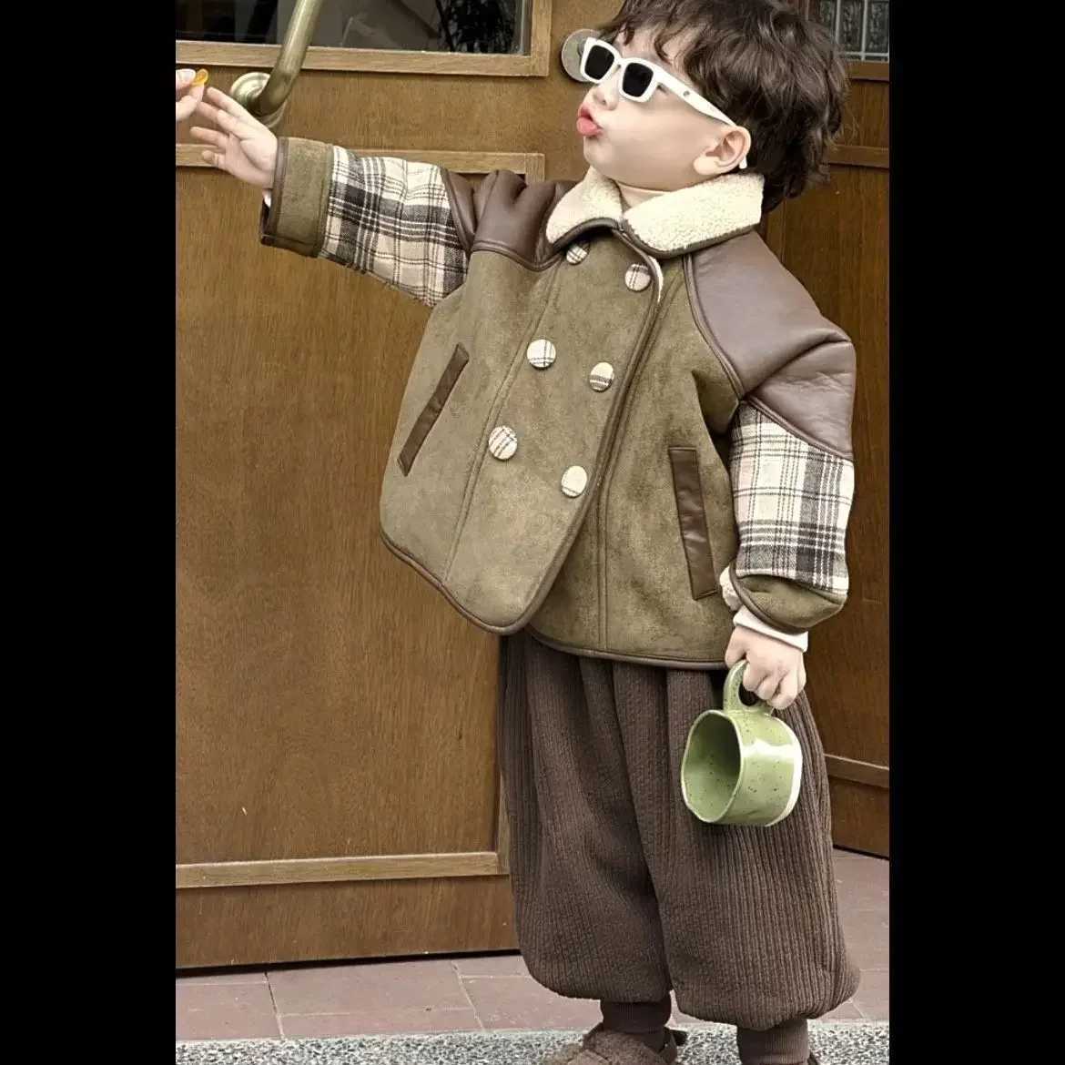 High Quality Kid Boys 2025 New Winter Thick Korean Loose Suede Pu Patchwork Plaid Jacket for Girls Fall Jacket Baby Girl ClothesW251206