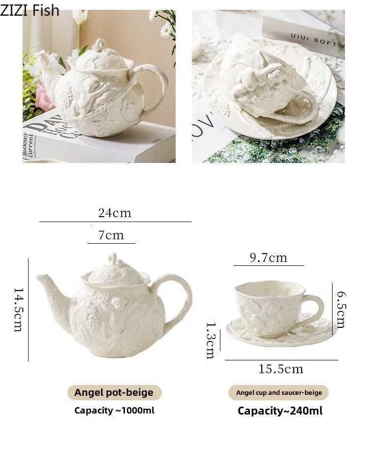 Emboss Ceramic Teapot Black Tea Cup Saucers Set Retro Afternoon Tea Coffee Cup Saucer Couple Cup Set Home Creative Drinkware Mug M251206 - view 6