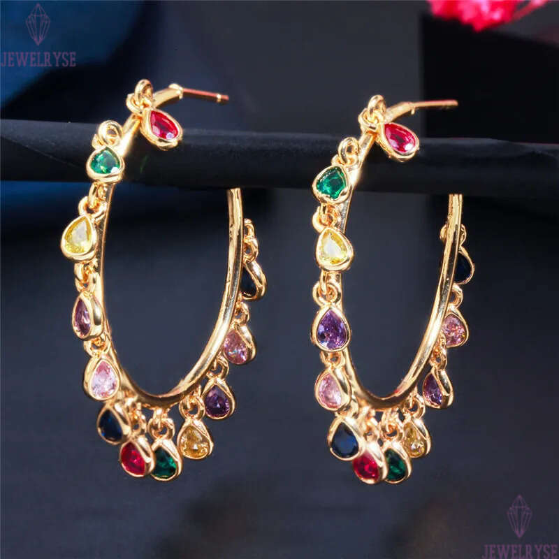 Fashion Tassels Colorful AAA Cubic Zirconia Hoop Designer Earrings Jewelry 42mm Star Water Drop Square 18K Gold Copper Luxury Earring For Women Party 