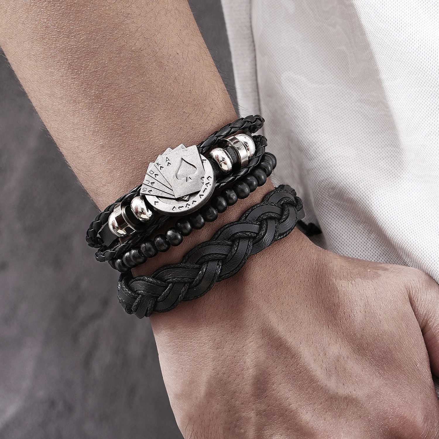 FNIO Braided Wrap Leather Bracelets for Men Vintage Charm Guitar Cross Feather Wood Beads Ethnic Tribal Wristband Rope Bracelet W251206