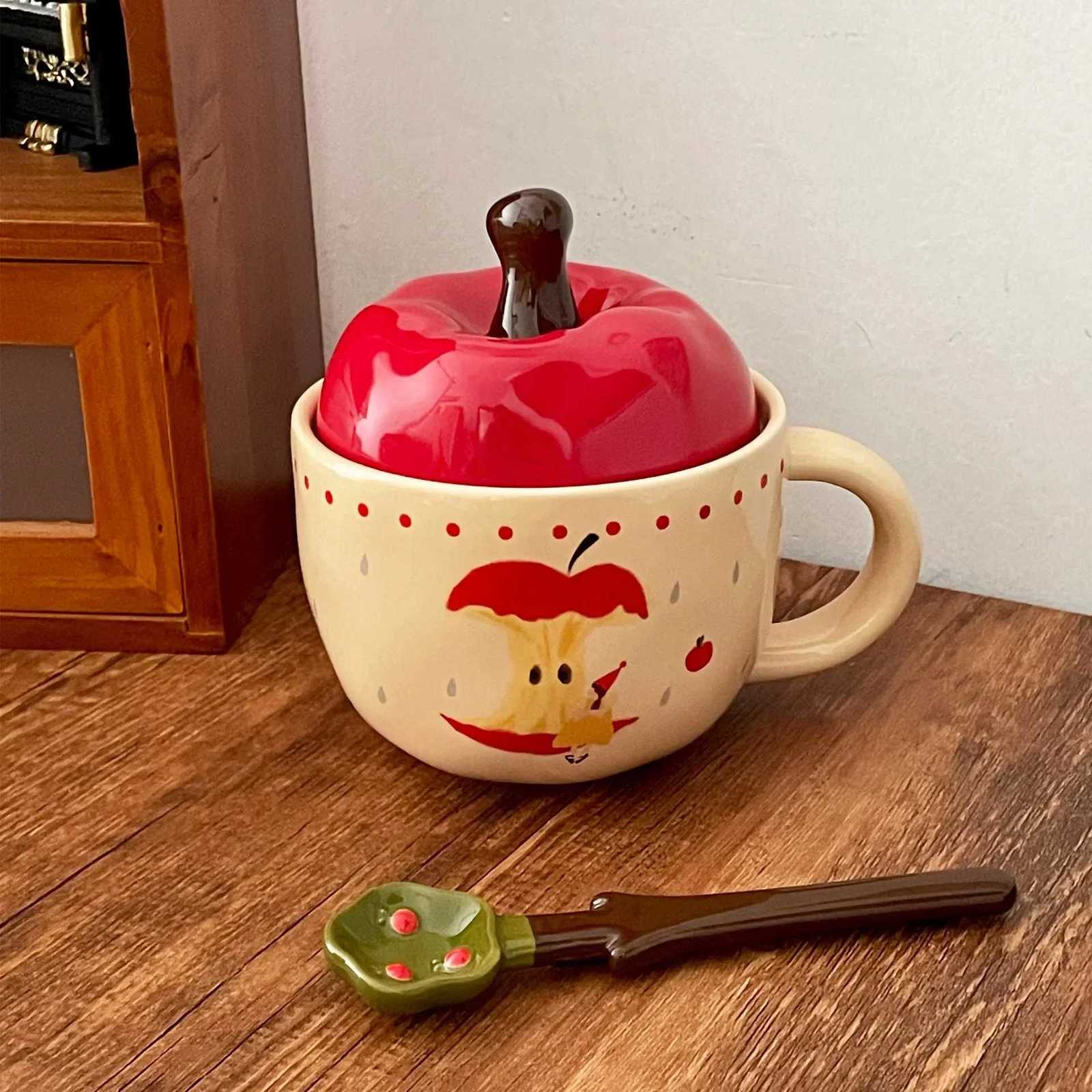Vintage Mug With Lid And Spoon Apple Shape Ceramic Mug Water Cup Girls Mug Christmas Gift Coffee Mug Couple Milk Breakfast Mug M251206 - view 6