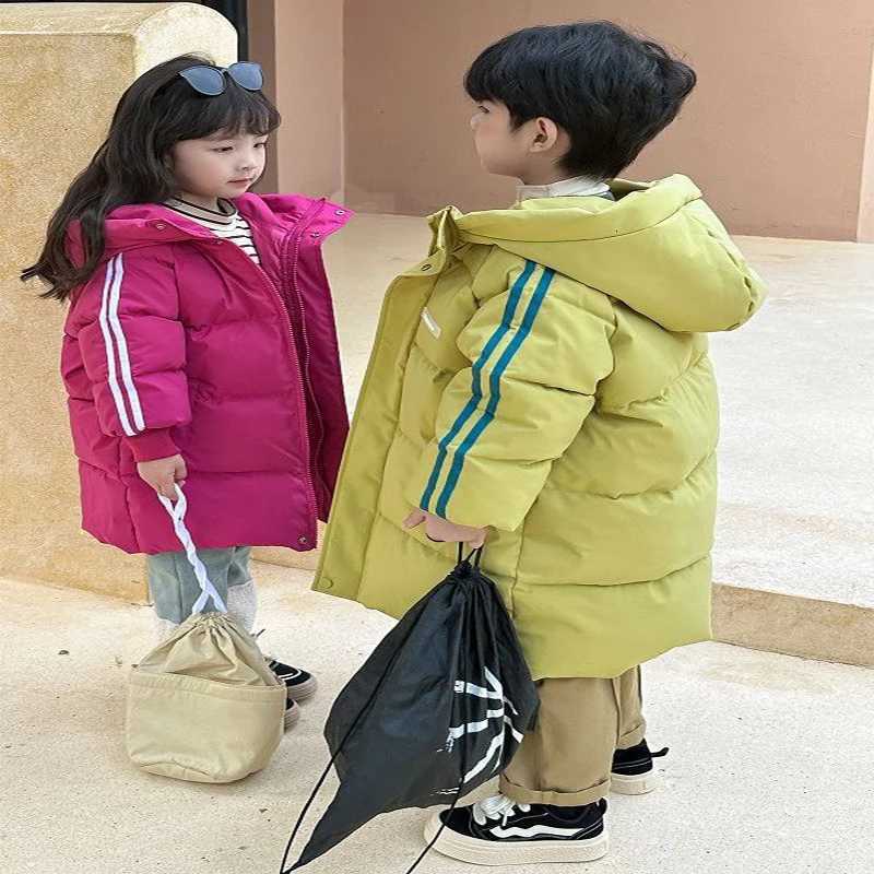 Winter Children Thicken Down jacket Baby Boys Girls Solid Color Long Outerwear Over Knee Coat Kids Hooded Casual Coat PaddingW251206