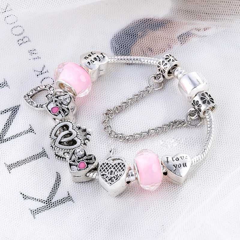 BAOPN European Pink Heart To Heart Beads Charm Bracelets For Women Fit Brand Bracelet Bangle Couple Jewelry Dropshipping W251206