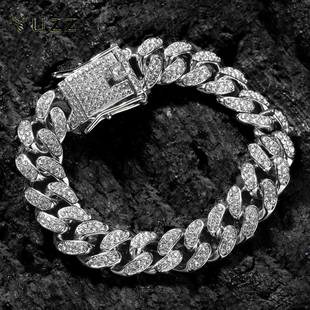 HipHop Men Women 13MM Prong Cuban Link Chain Bracelet Bling Iced Out 2 Row Rhinestone Paved Miami Rhombus Cuban Chain Jewelry W251206