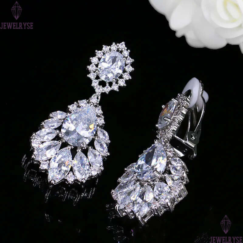 classic diamond clip on screw back earring designer for woman party AAA cubic zirconia silver dangle crystal earrings brides bridesmaid luxury wedding