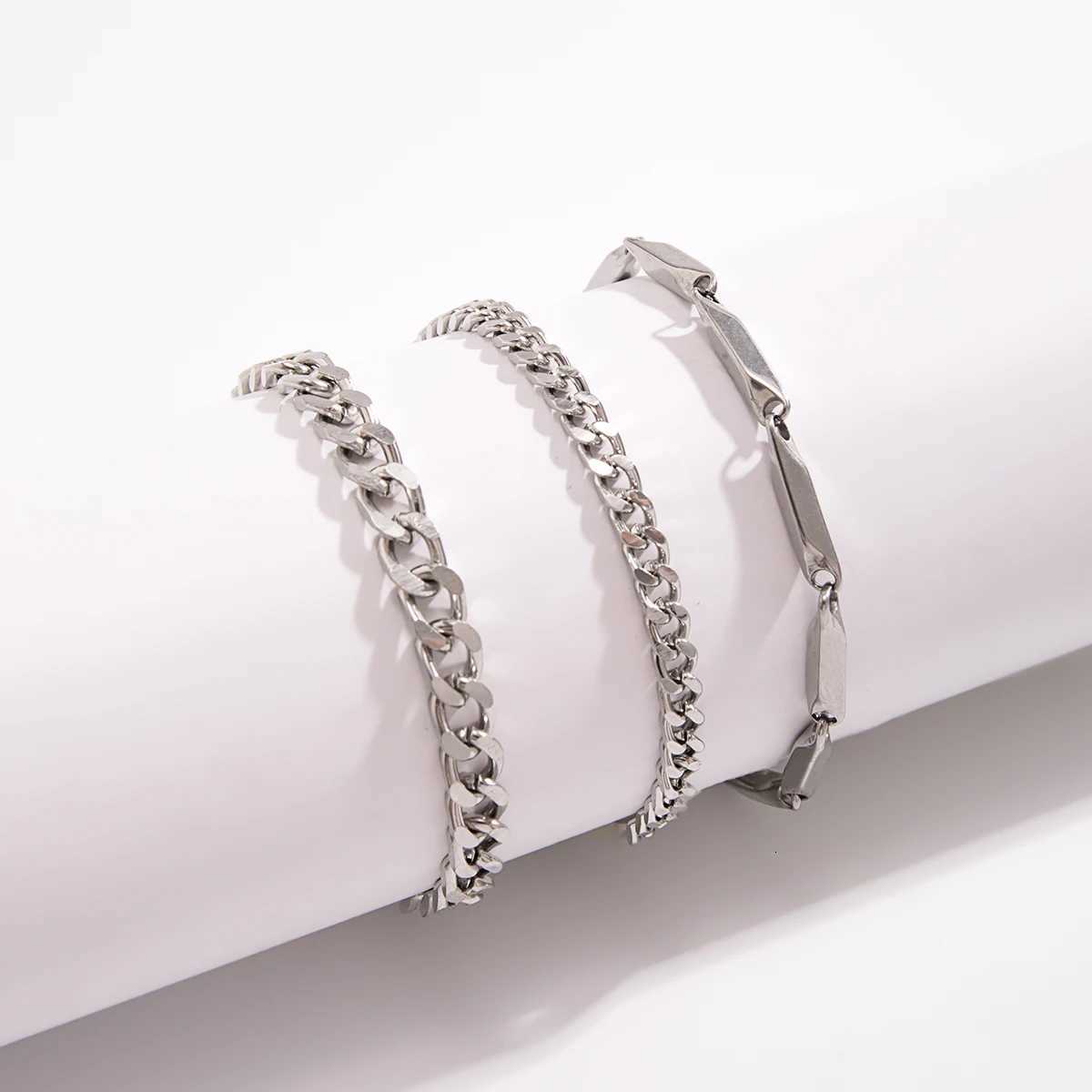 KunJoe 3pcs/set Stainless Steel Punk Cuban Chain Bracelet for Men Minimalist Silver Color Hip Hop Bracelet Party Jewelry Gifts W251206