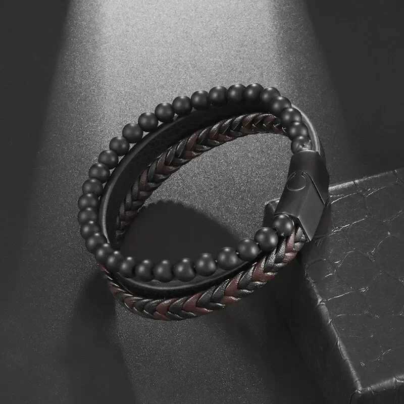 Vintage Punk Hand Woven Three Layer Leather Black Beaded Bracelet Magnetic Bracelet Clasp Mens Charm Business Event Jewelry W251206