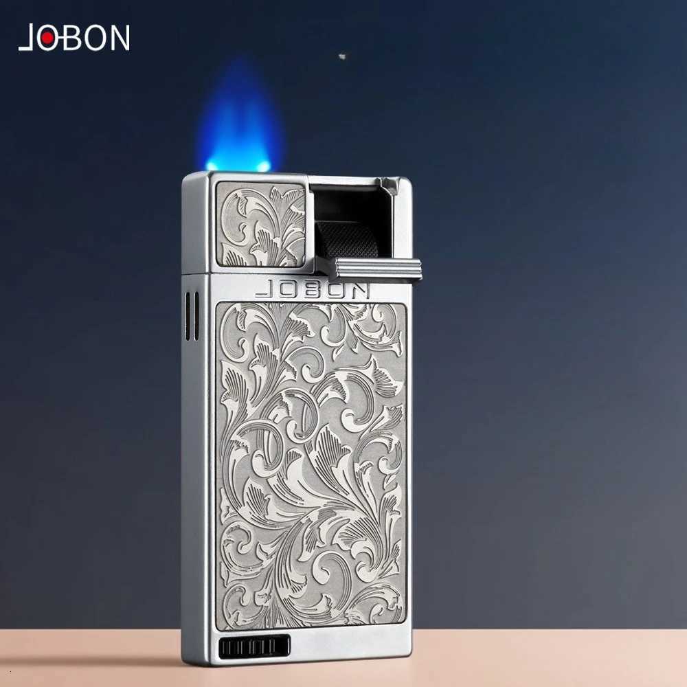 JOBON Flat Fire Blue Flame Gas Lighter Lr Ignition Tangcao Pattern Creative High-end Mens Gift H251206