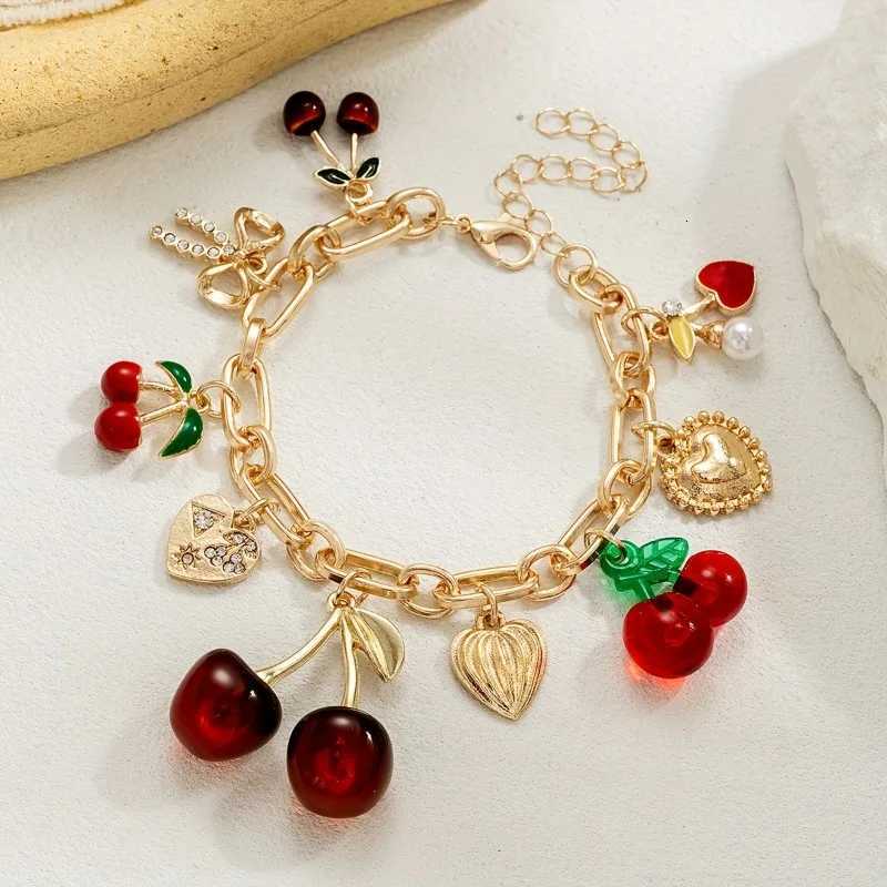Cute Handmade Bow Heart Cherry Bracelet Golden Color Chunky Chain Fashionable Charm Bangle Jewelry Gifts W251206
