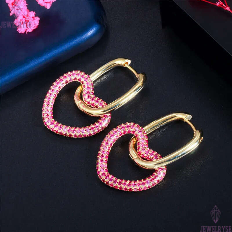 Fashion Cute Colorful AAA Cubic Zirconia Charm Heart Star Earrings Designer Copper Double Loop Phase Buckle 18k Gold White Green Red CZ Earring For Wo