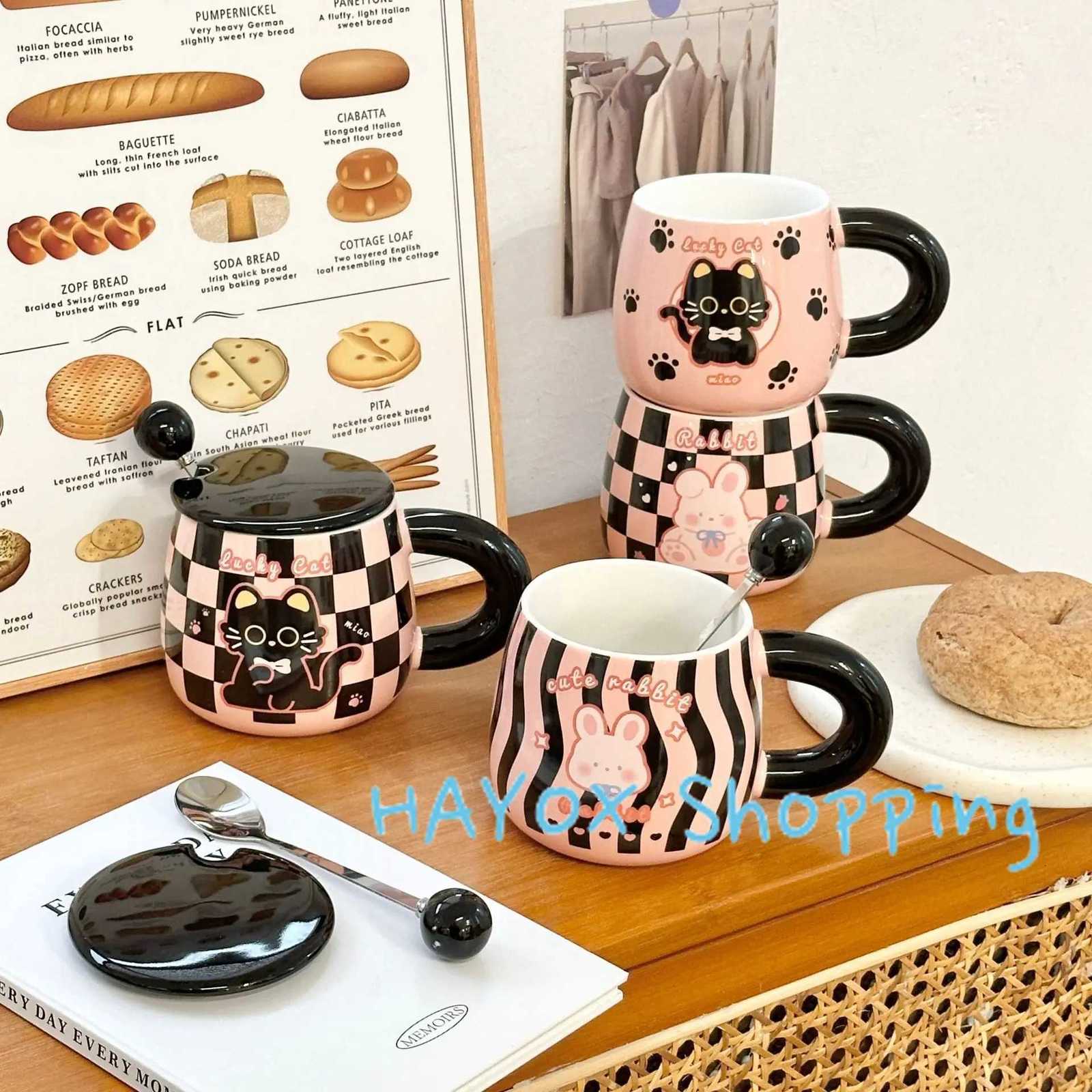 Pink Cat Mug Cartoon Ceramic Cup with Lid and Spoon Office Water Cup Cute Breakfast Mik Student Cup for Christmas Gift M251206 - view 4