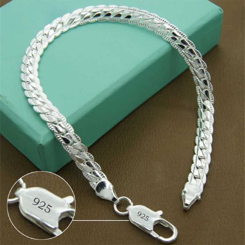 925 Sterling Silver Bracelet 6mm 18/20cm Flat Side Chain Lobster Clasp Bracelet For Woman Man Party Wedding Jewelry Holiday Gift W251206