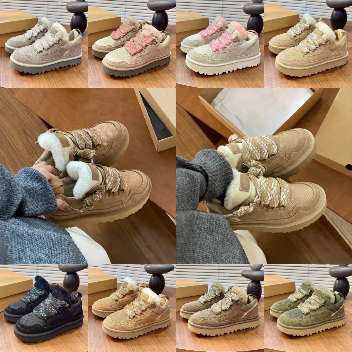 Snow Boots Lowmel Suede Ankle Casual Shoes Short Designer Bottes Lace Up Fashion Chestnut Black Sand Moss Green Hickory Sheepskin Woman Platform Sneaker Booties
