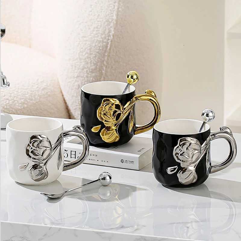 Electroplated Gold Coffee Mug Ceramic Breakfast Milk Mug Large Capacity Embossed Three-dimensional Rose Ornament Water Cup Gift M251206 - view 3