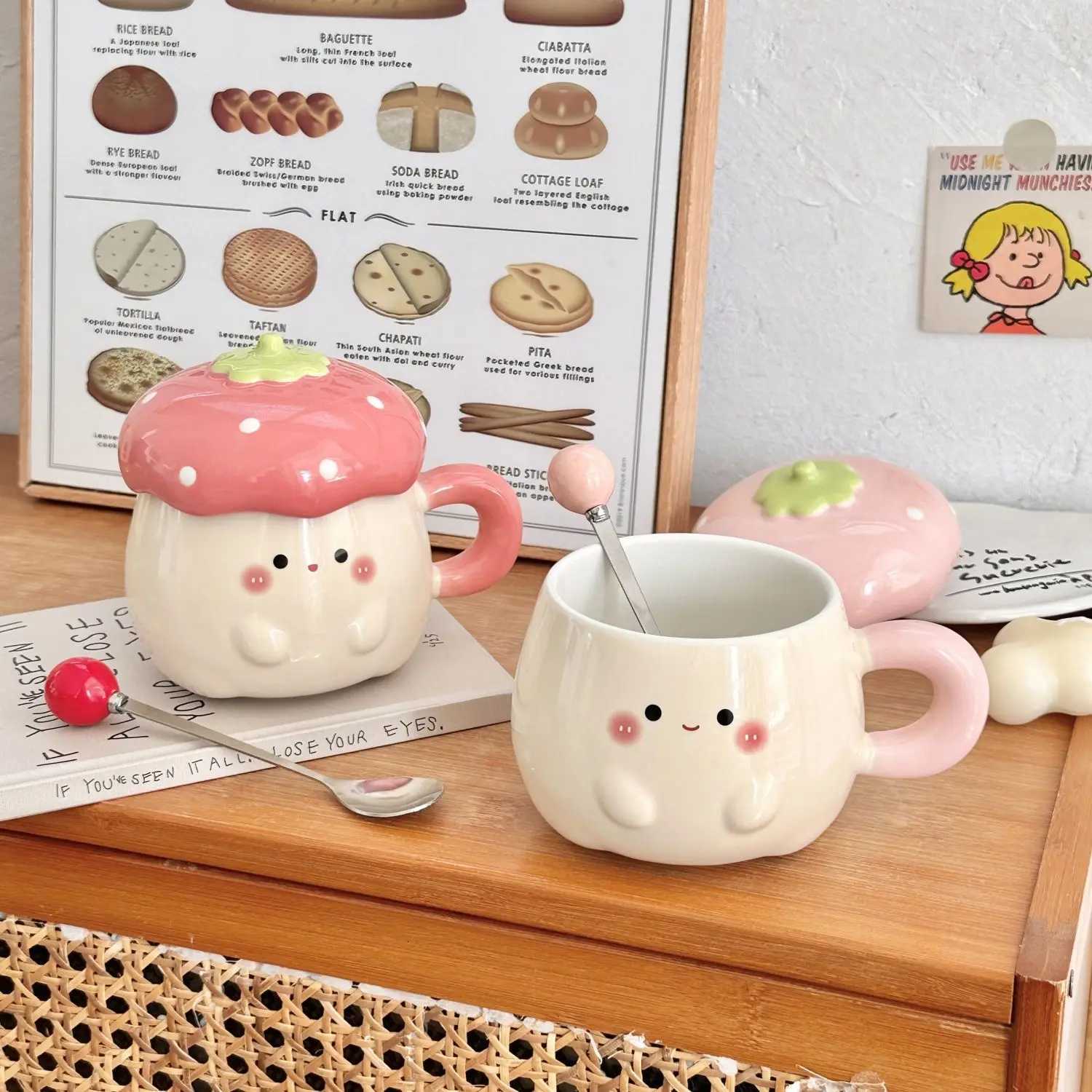 Cute Strawberry Ceramic Cup Girls Heart Cartoon with Lid and Spoon Birthday Anniversary Gift Ceramic Mug Coffee Mug with Straw M251206 - view 5