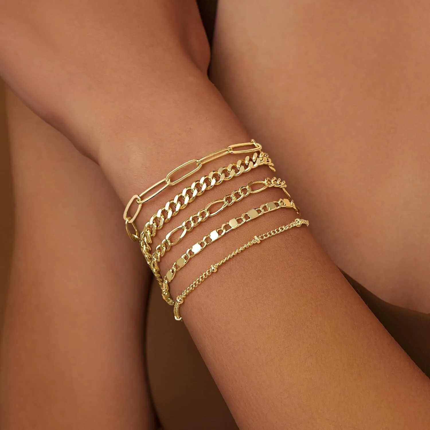 Gold Bracelets Set for Women14K Gold Plated Dainty Gold Link Chain Bracelets Trendy Stackable Gold Cuff Bracelets Jewelry Gifts W251206