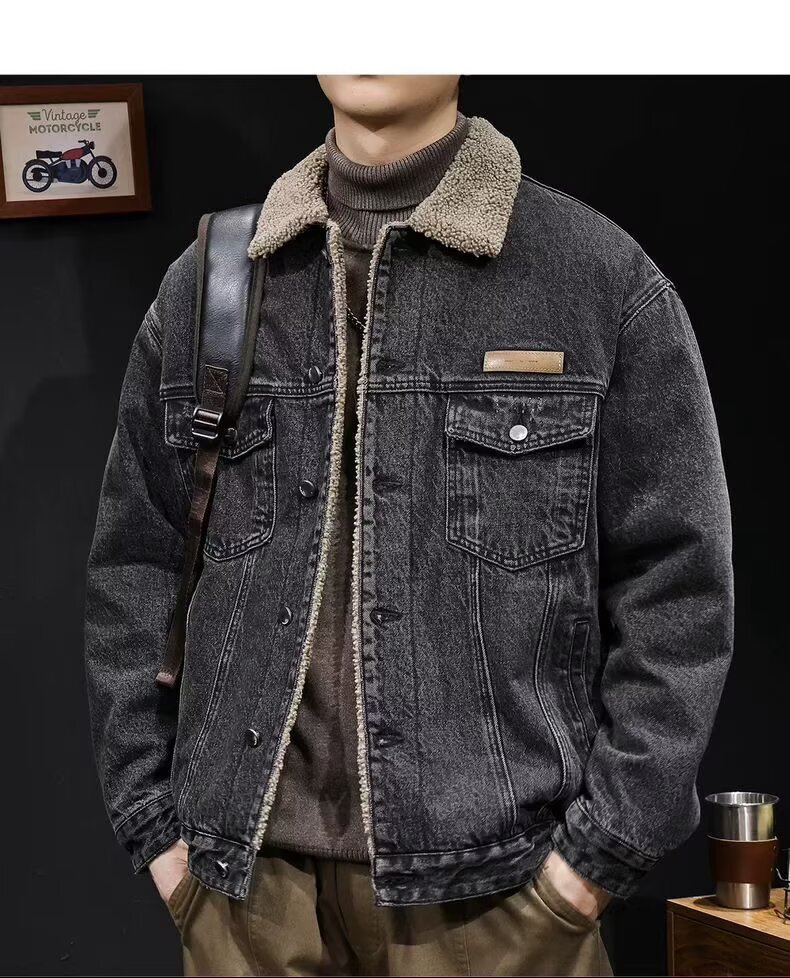 Designer Luxury Clothing Lamb Wool Cotton Jacket For Men Winter Stylish Trendy Cotton Coat With Fleece Lining Thickened Trendy Brand Denim Motorcycle 