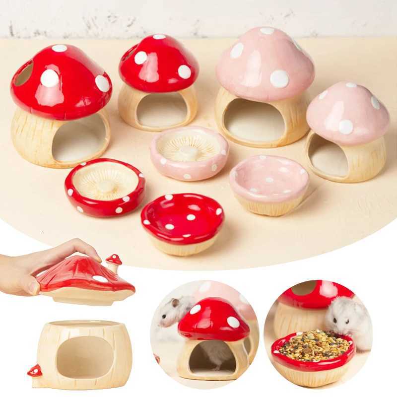 Cute Ceramic Mushroom Hamster Nest Small Pet Hideout Water Bottle Food Bowl Golden Bear Ferret Rat Furniture Sleephouse M251206