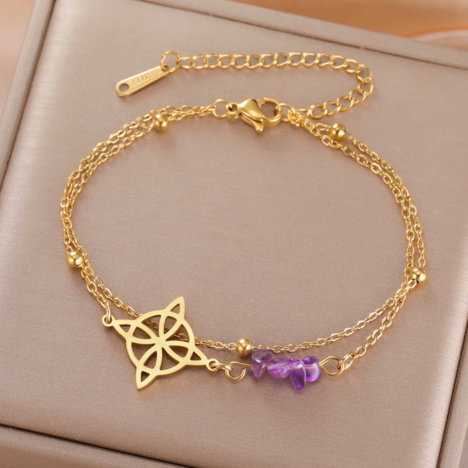 Teamer Purple Crystal Witch Knot Pendant bracelet Women Stainless Steel Beads Chain Vintage Amulet Witchcraft Jewelry Gift New W251206
