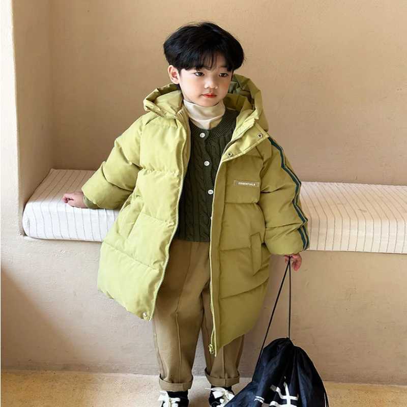 Winter Children Thicken Down jacket Baby Boys Girls Solid Color Long Outerwear Over Knee Coat Kids Hooded Casual Coat PaddingW251206