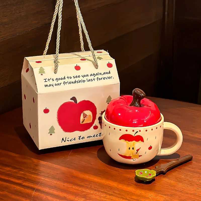 Cute Cartoon Apple Ceramic Mug with Lid Spoon Creative Coffee Milk Cup for Office Home Use M251206 - view 3