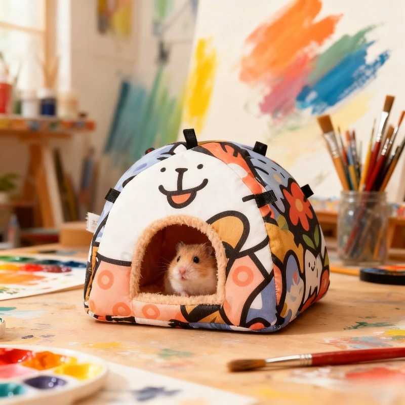 Pet Golden Bear Hides in Sleep Cabin with Velvet Warmth Bird Rabbit Mouse Hanger Waterproof and Cold Proof Small Animal Nest M251206