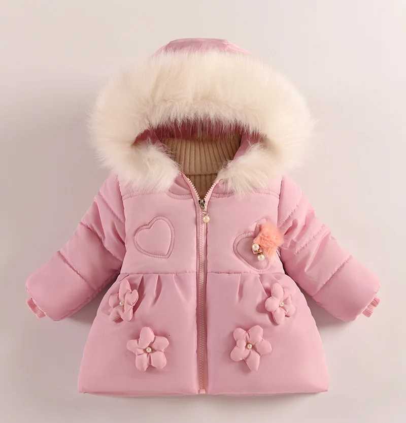 Flowers Autumn Winter Girls Jacket Fur Collar Keep Warm Little Princess Coat Hooded Zipper Baby Outerwear 1-5 Years Kids ClothesW251206