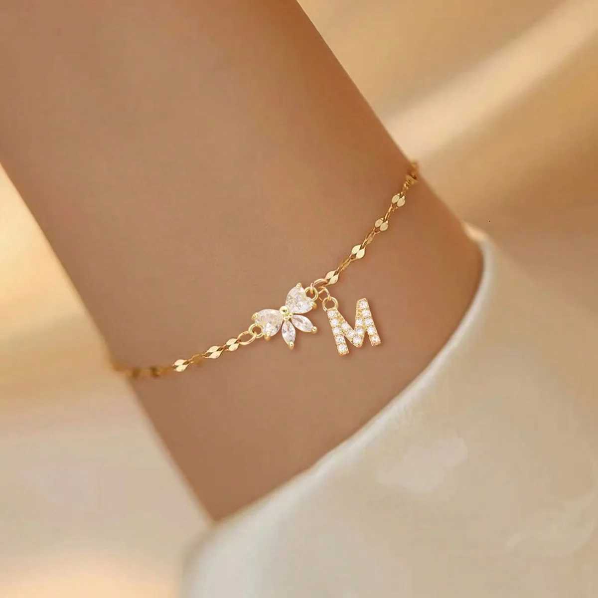 Fashion Crystal Bow Knot Pave Zirconia Initial Stainless Steel Gold Color Lip Chain Bracelet For Women Valentines Gifts W251206