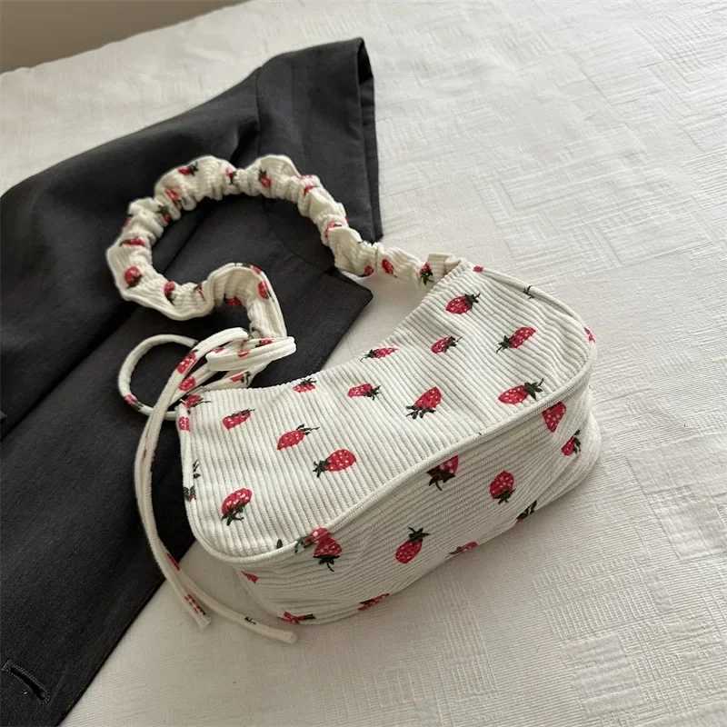 Women Small Underarm Bag Corduroy Handbag Cute Strawberry Print Little Tote Half Moon Design Eco Cloth Purse Mini Shoulder BagsT251205