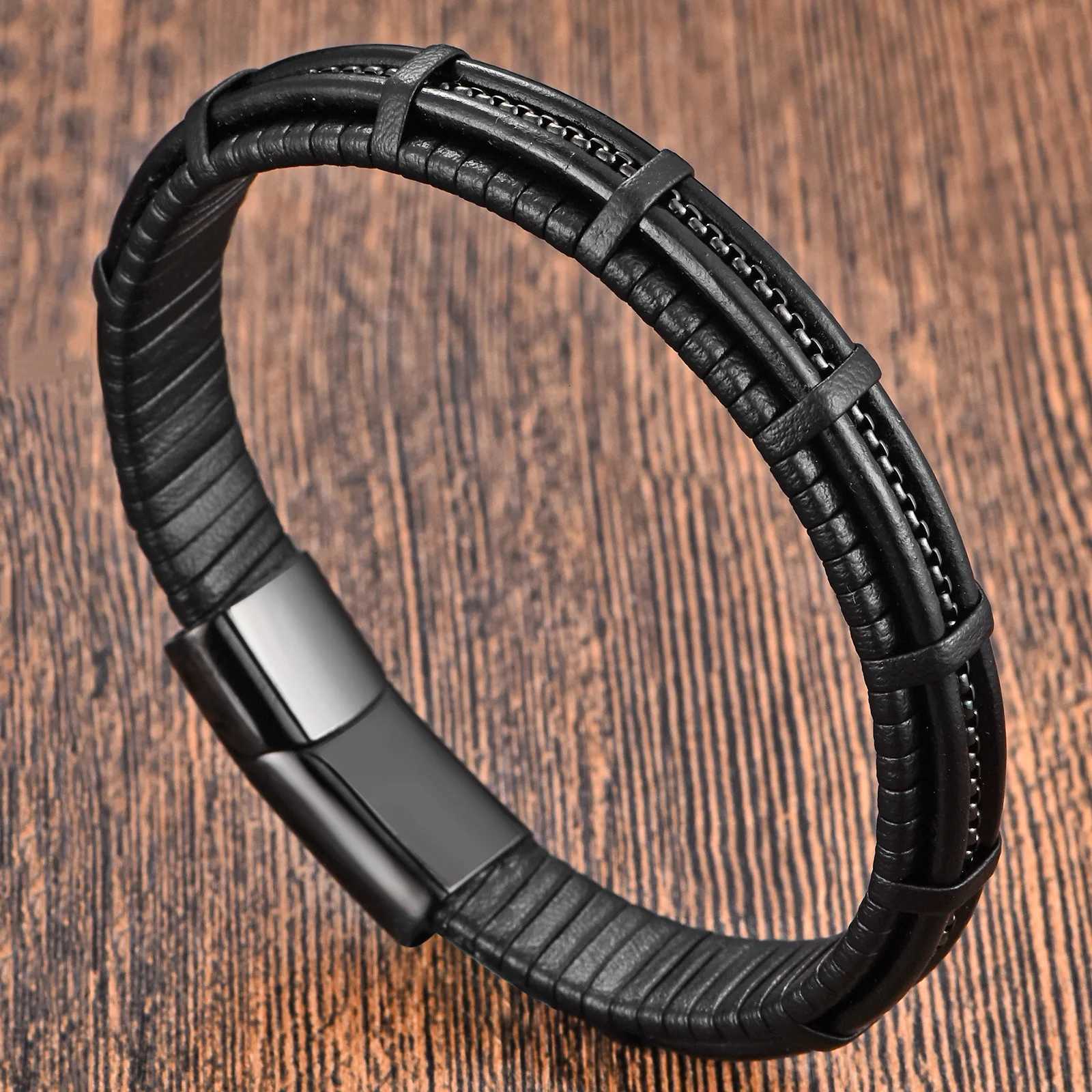 Stainless Steel Genuine Leather Bracelet Simple Mens Fashion Bracelet Original Magnet Bracelet Gift Accessory Fathers Day W251206