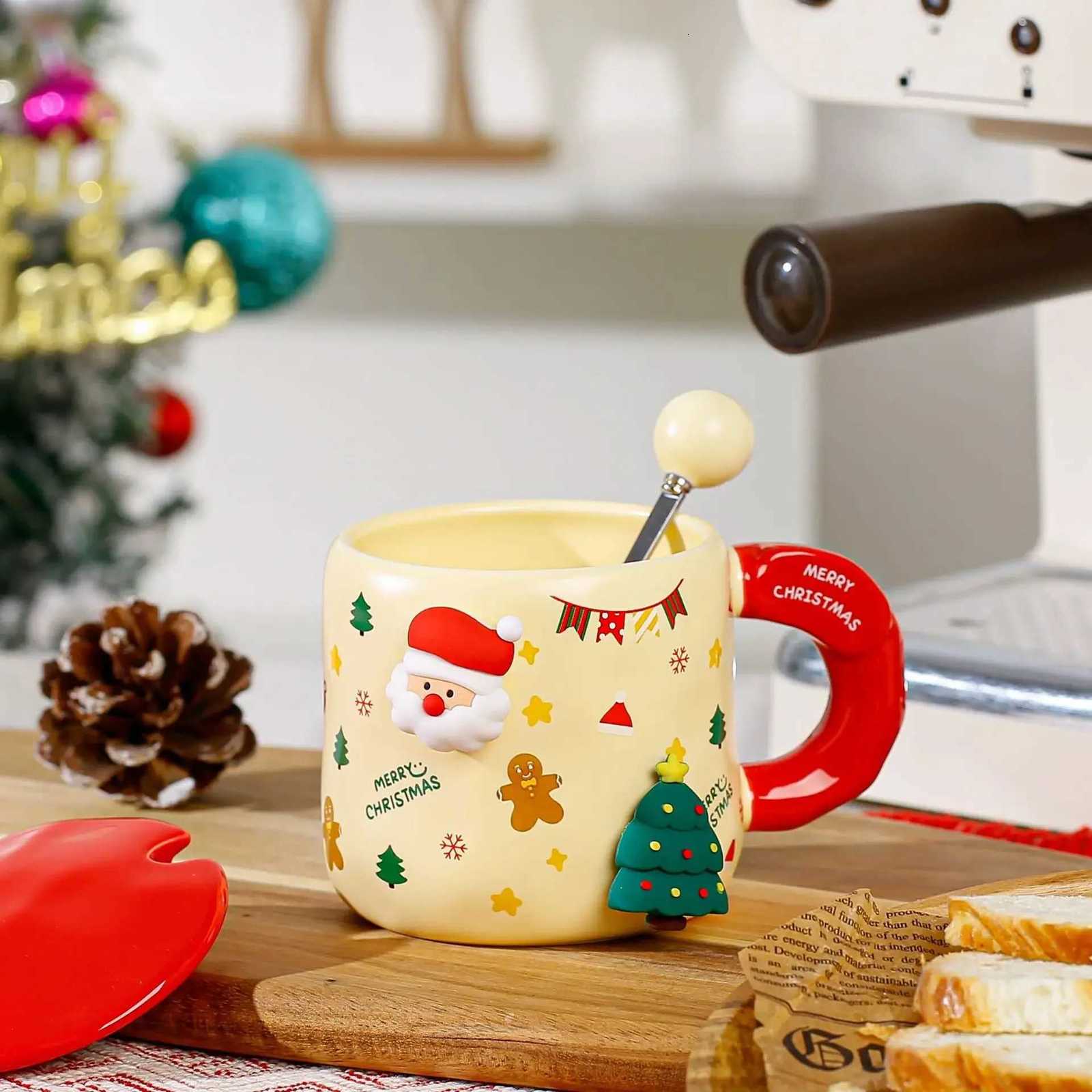 Christmas Ceramic MUg with Lid Cute Santa and Tree Design Coffee Cup Holiday Couple Gift Tea Cup M251206 - view 4
