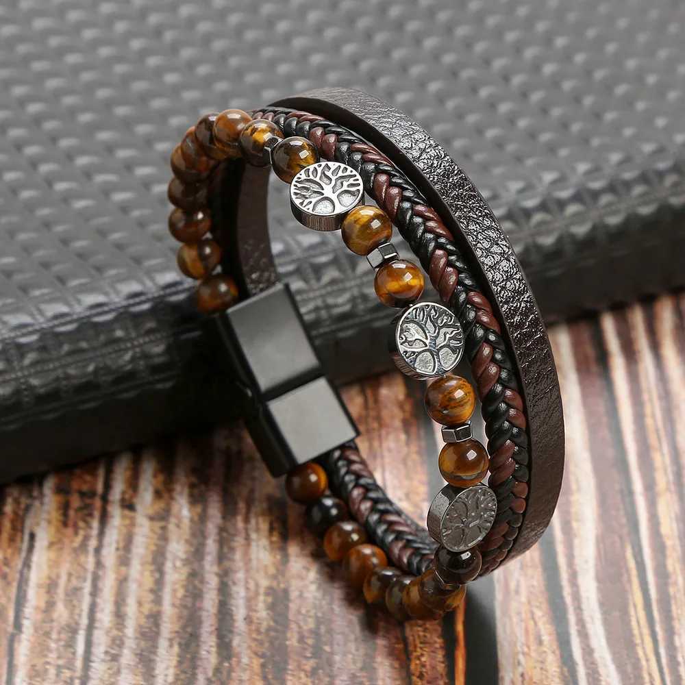 Hot Fashion Beads Leather Bracelet Men Classic Tiger Eye Beaded Multi Layer Leather Bracelet For Men Jewelry 2023 Gift W251206