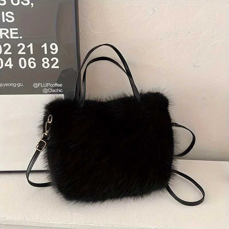 Chic Faux Fur Handbag with Detachable Strap Casual Formal Occasions Womens Tote Bag Stylish Fur Plush Shoulder Crossbody BagT251206
