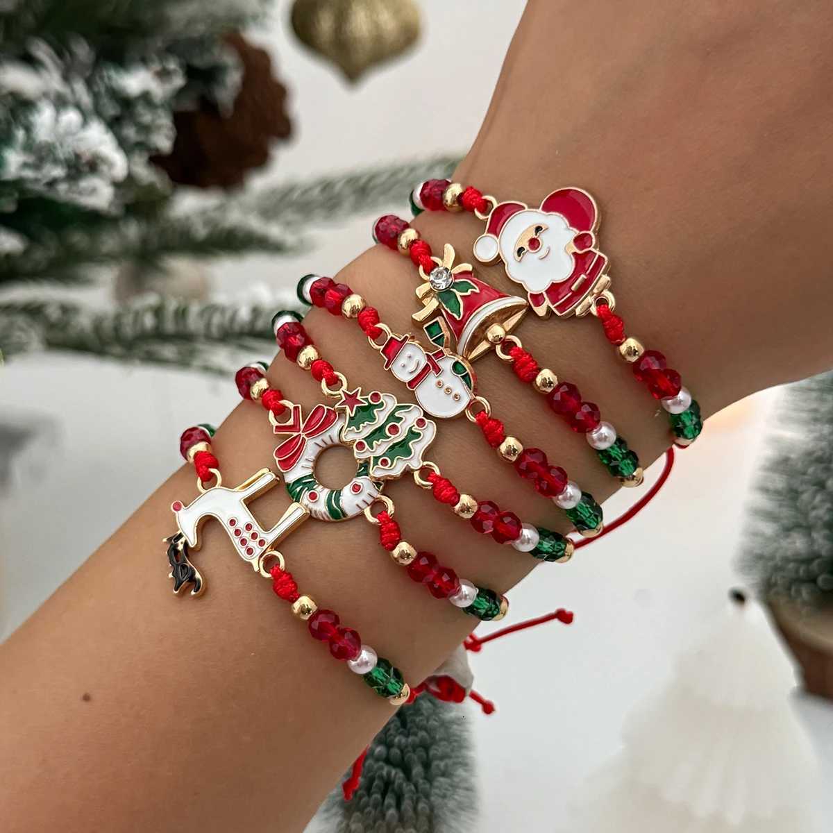 SHIXIN 6Pcs/Set Santa Claus Snowflake Christmas Tree Pendant Bracelet Women Cute Adjustable Rope Chain Crystal Beaded Bracelet W251206