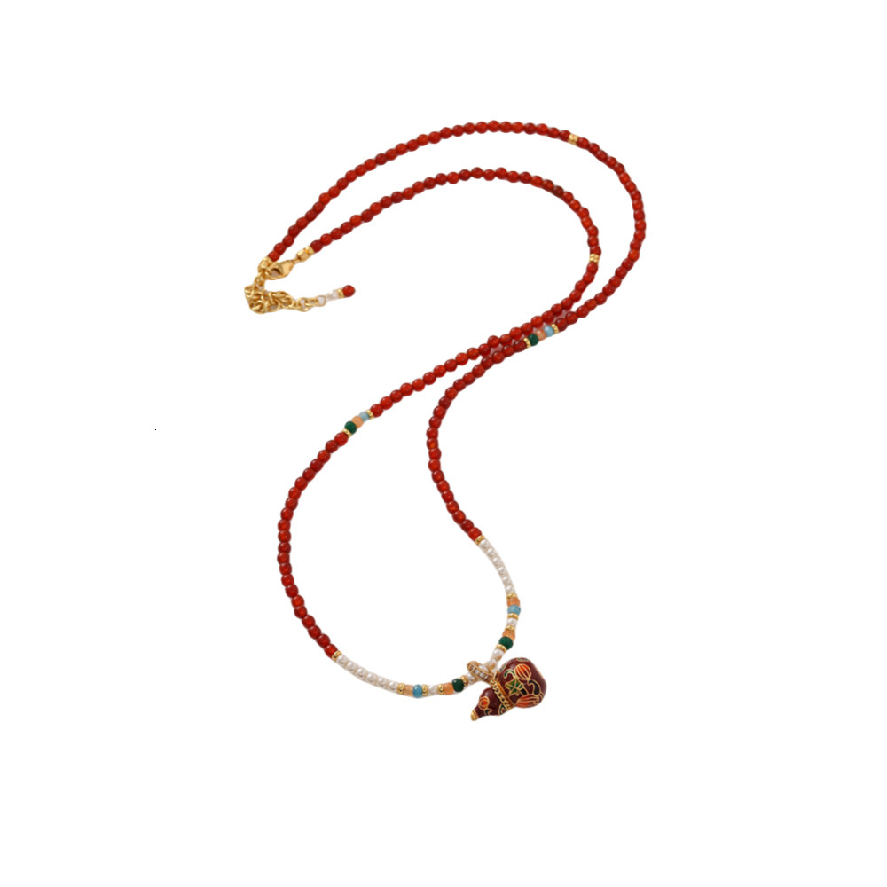 Original New Chinese Style Red Gourd Natural Stone Beaded Necklace for Women Vintage Exquisite Elegant Versatile Long Sweater Chain ddmynov