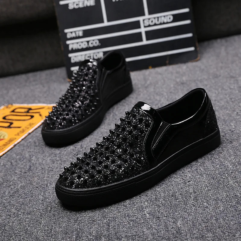 Men loafers Black Diamond Rhinestones Spikes men shoes Rivets Casual Flats sneakers wholesale 251204