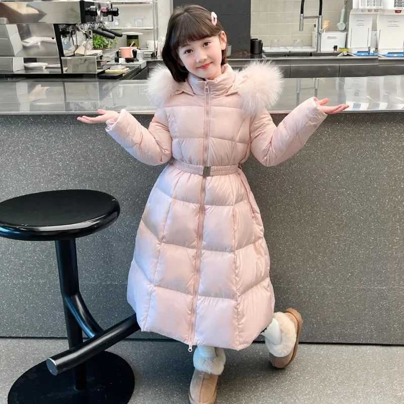 2024 Girls Winter Extended Down Cotton Jacket New Childrens Fashion Belt with Big Hairy Collar Warm Pink Black Cotton CoatW251206