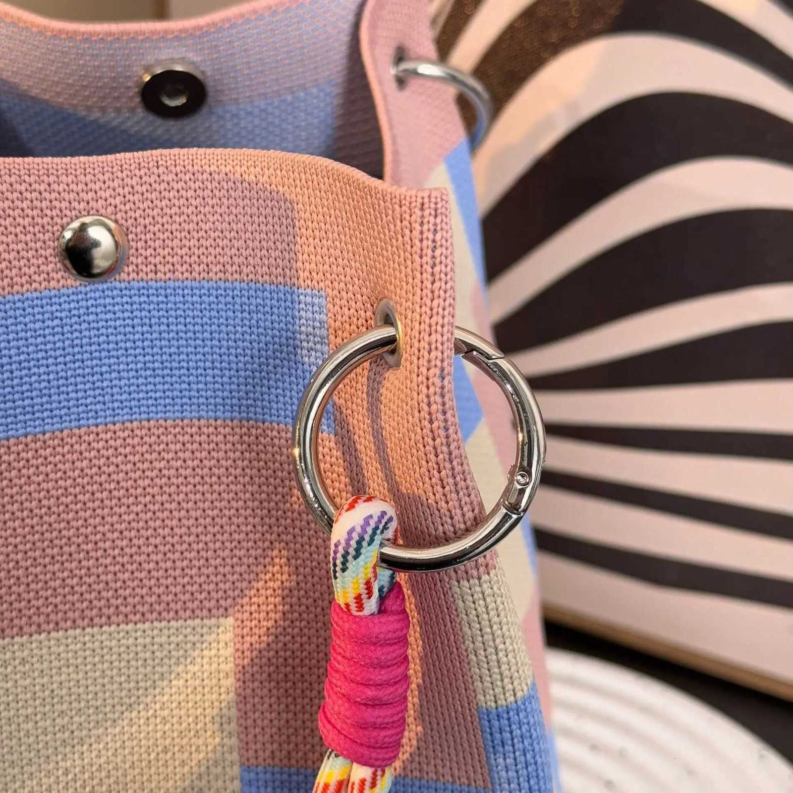 Colorful Stripe Handbag Large Capacity Bucket Rope Knot Spring Autumn Travel Versatile Soft Polyester Lining Mobile Phone BagT251206