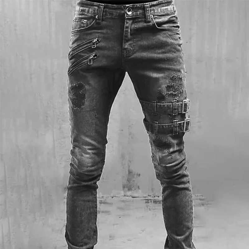 Mens Retro Moto Biker Straight Elastic Jeans Zipper Distress Hole Punk Skinny Denim Cargo Pants Streetwear Y2K Hombre Trousers W251206