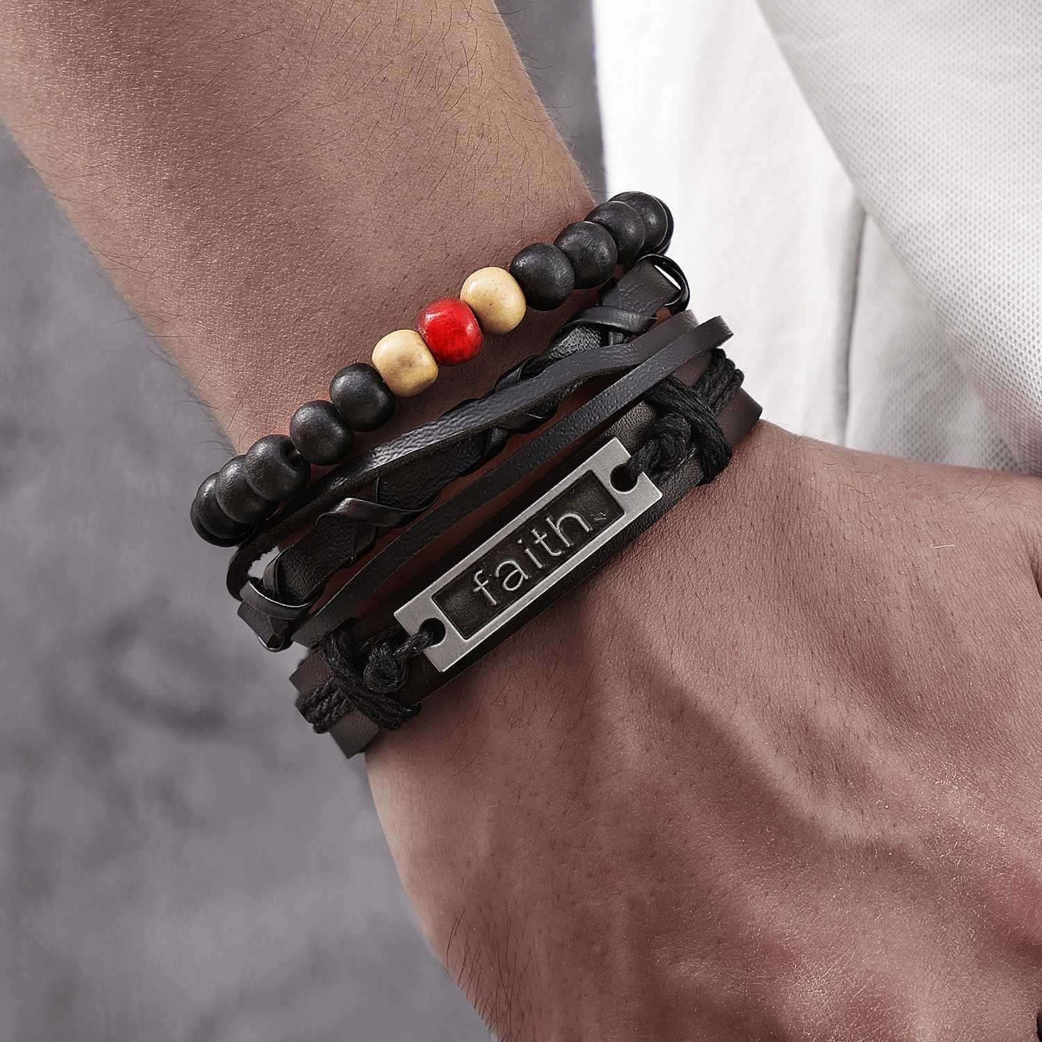 FNIO Braided Wrap Leather Bracelets for Men Vintage Charm Guitar Cross Feather Wood Beads Ethnic Tribal Wristband Rope Bracelet W251206