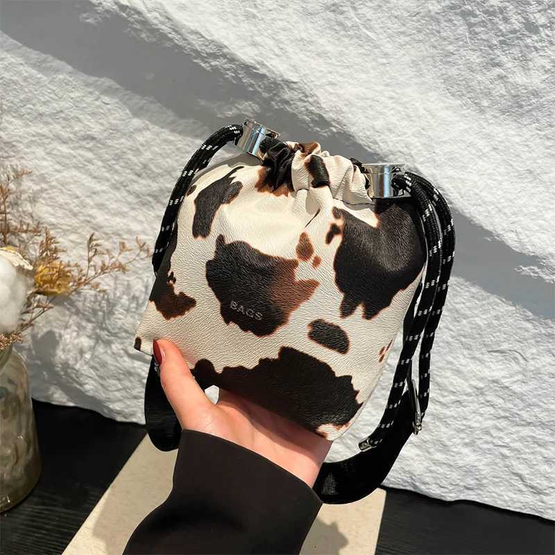 New Cow Pattern Womens Bag Fashion Drawstring Bucket Bag Texture Brand Design Crossbody Bag Simple Versatile Cute Storage BagT251206