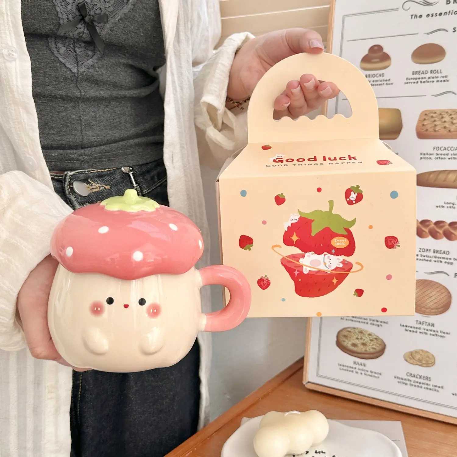 Cute Strawberry Ceramic Cup Girls Heart Cartoon with Lid and Spoon Birthday Anniversary Gift Ceramic Mug Coffee Mug with Straw M251206 - view 4