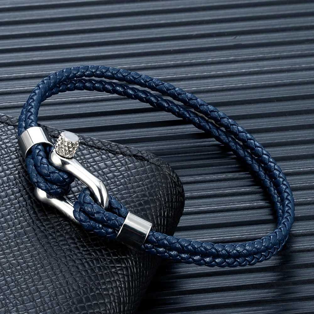 MKENDN Black Stainless Steel Shackle Bracelet Simple Double Layer Blue Leather Bracelets for Men Women Handmade Nautical Jewelry W251206