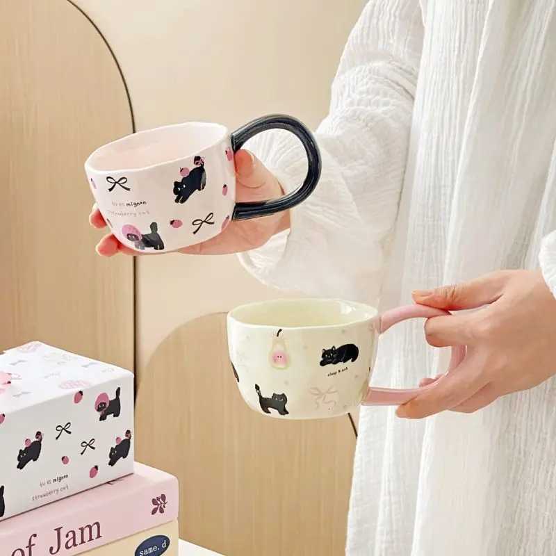 Cute Cat Ceramic Mug Big Handle Breakfast Oat Cup Birthday Gift Household Water Couple Coffee Cup High Value Gift Drinkware M251206 - view 6