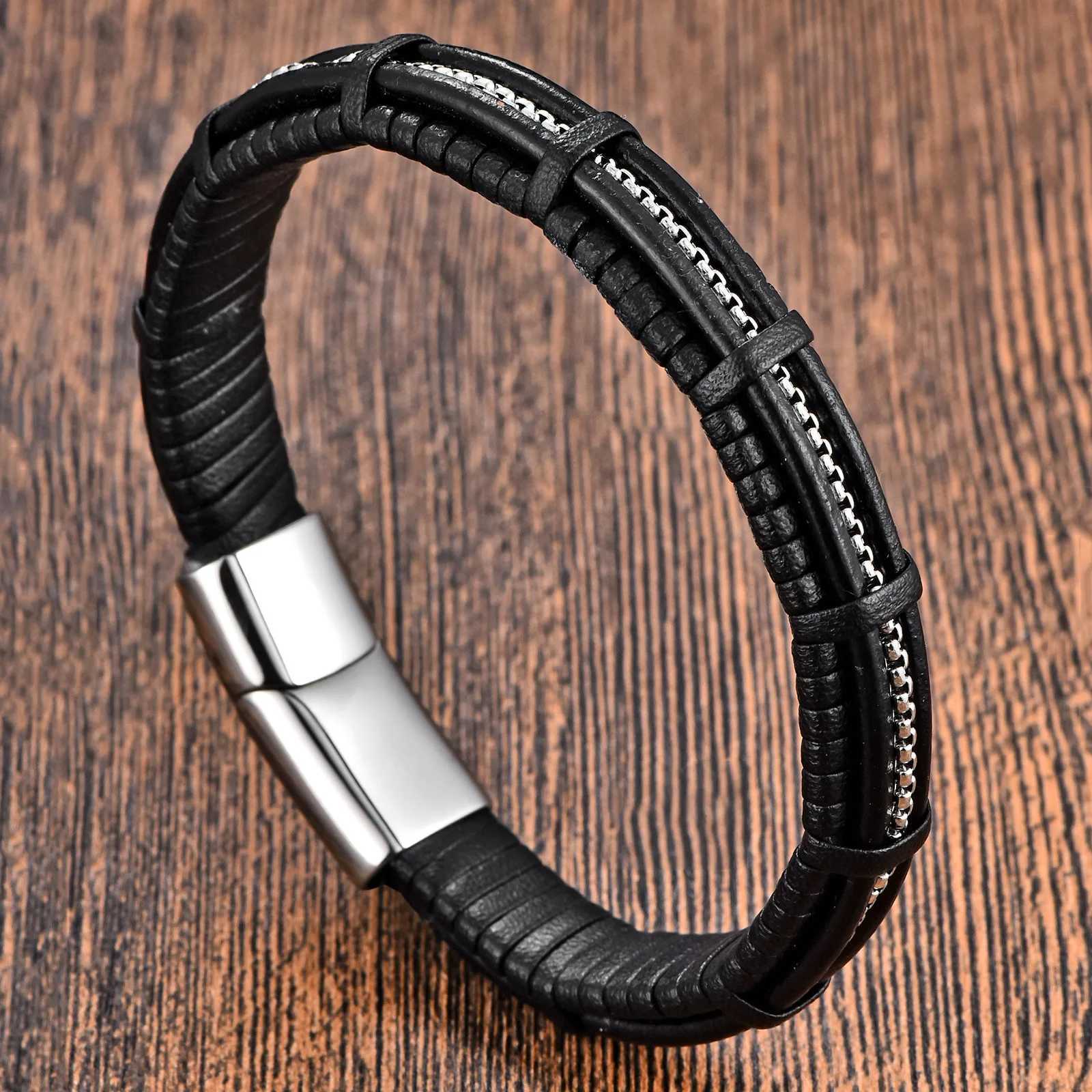 Stainless Steel Genuine Leather Bracelet Simple Mens Fashion Bracelet Original Magnet Bracelet Gift Accessory Fathers Day W251206