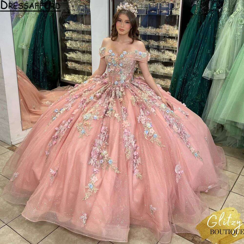 Luxury Gold Sparkles Off The Shoulder Pink Quinceanera Ball Gown Charro Mexican Dress vestido de quincea era