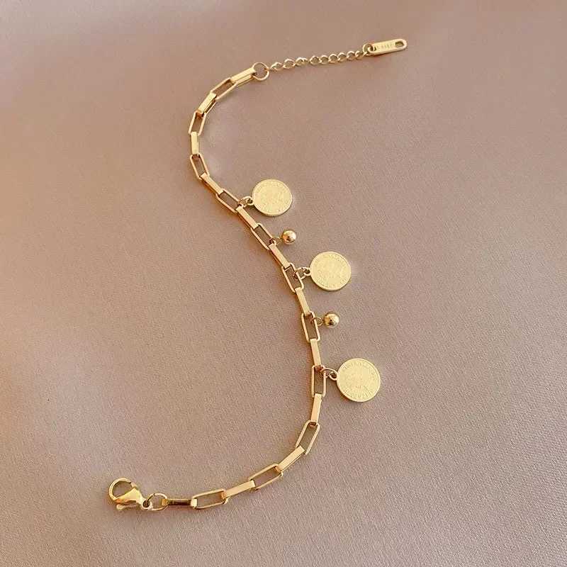 1PCS Gold-color Bracelet Ladies Hip Hop Style Stainless Steel Round Sign Portrait Pendant Wide Cross Chain Jewelry Accessories W251206
